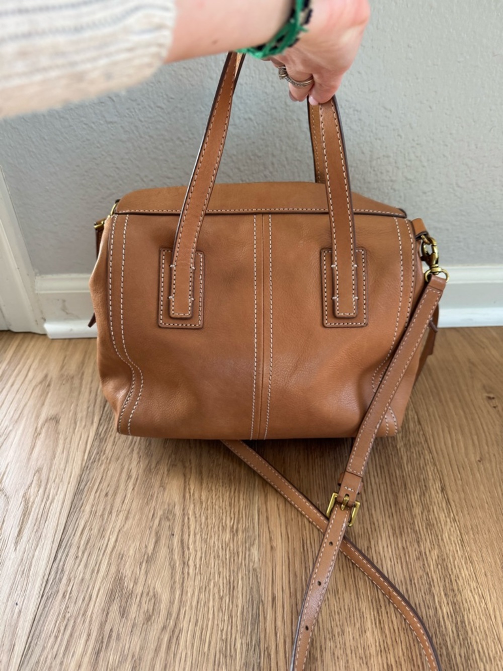 FOSSIL Emma Satchel Camel Tan Luxury Designer Leather W/Detachable Strap EUC